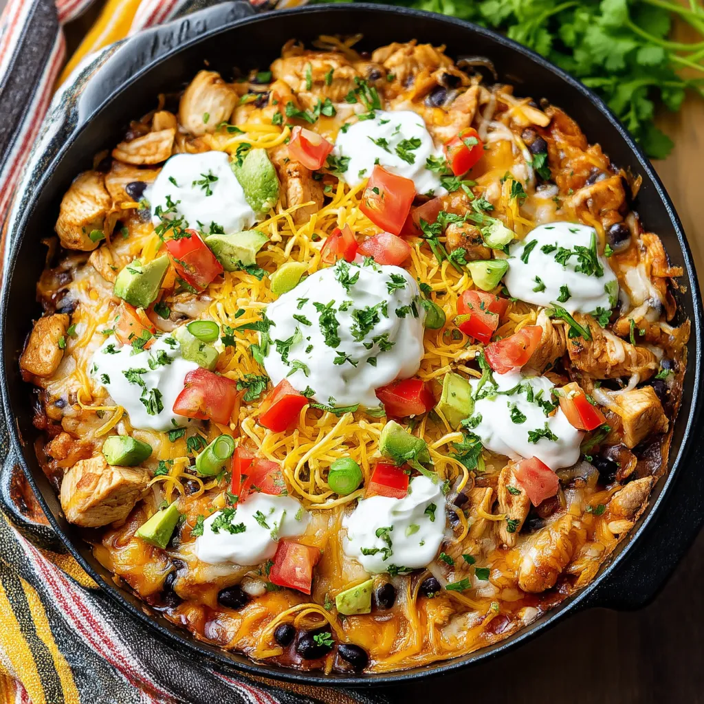 A skillet filled with chicken, black beans, and avocado.