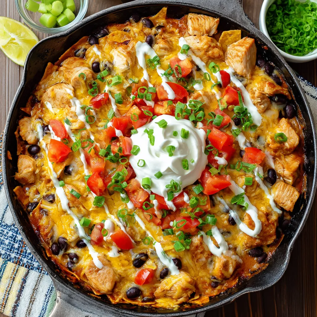 A skillet with a chicken black bean enchilada.