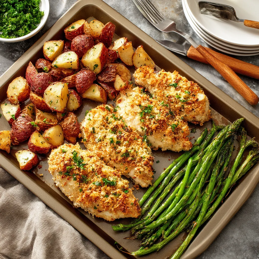 A pan of Parmesan crusted chicken and asparagus.
