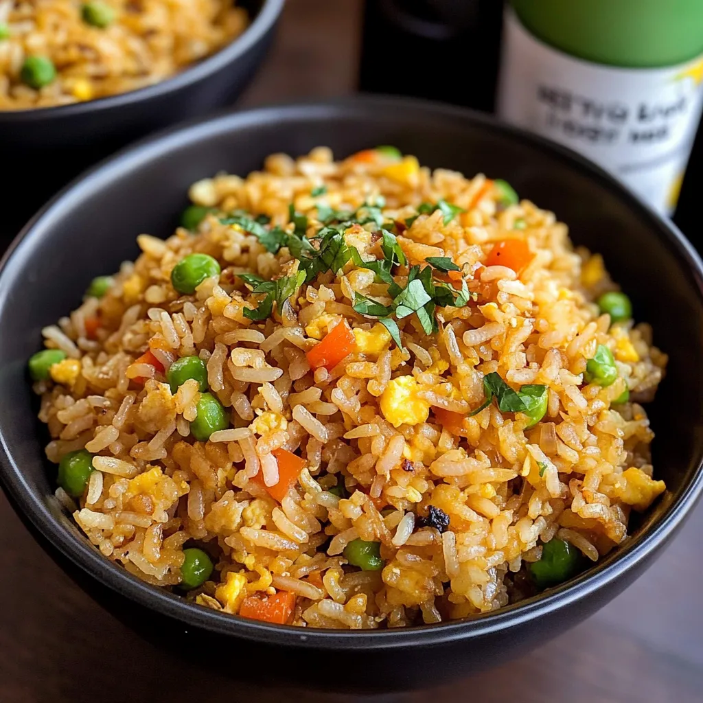 A bowl of rice with peas and carrots.