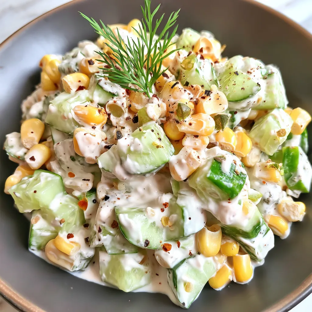 A bowl of creamy and zesty street corn cucumber salad.