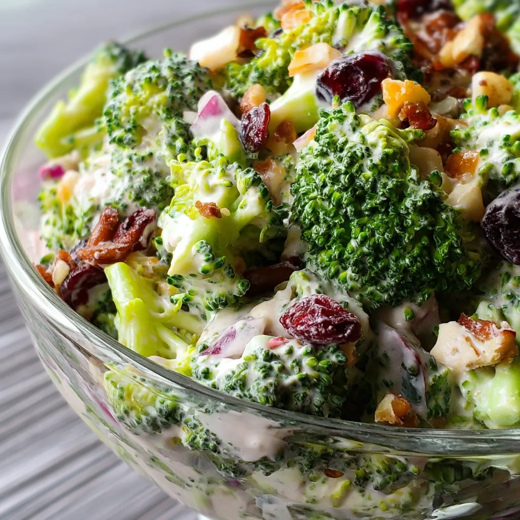 A bowl of broccoli salad with raisins and nuts.