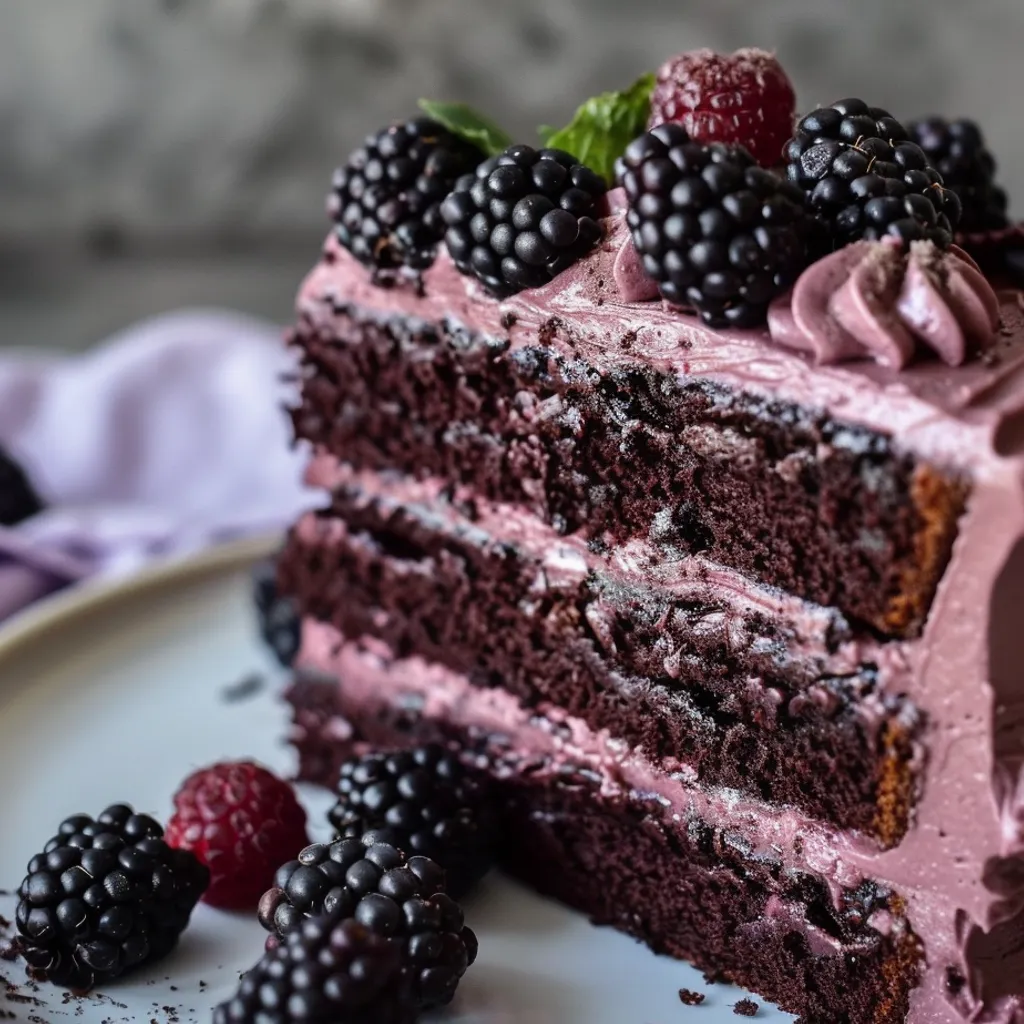 A slice of bourbon chocolate cake with blackberry buttercream.