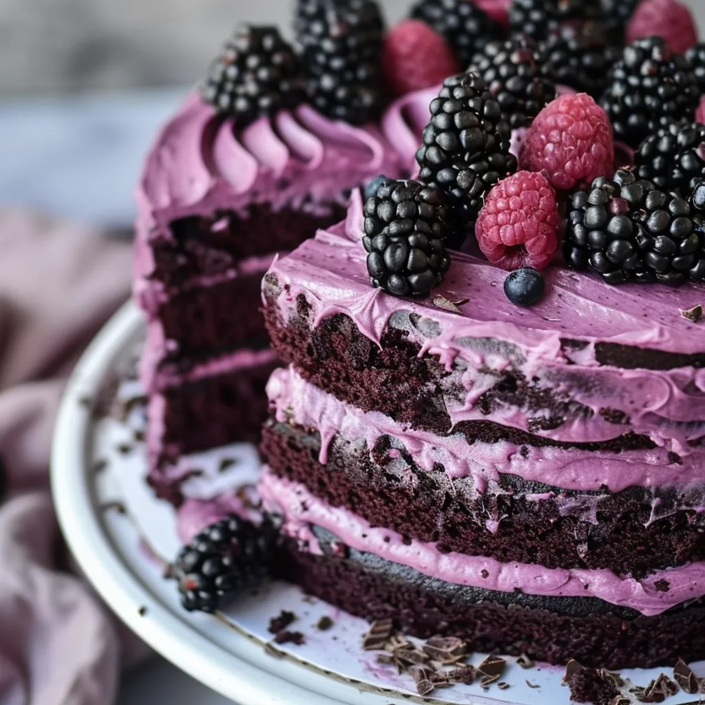 A slice of bourbon chocolate cake with blackberry buttercream.