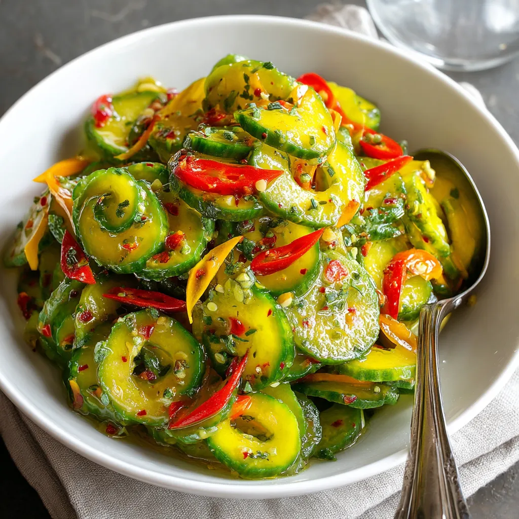 A bowl of cucumber salad with a spoon in it.