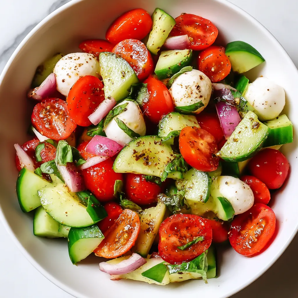 A bowl of fresh cucumber caprese salad.