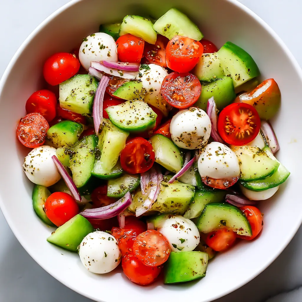 A bowl of fresh cucumber caprese salad.