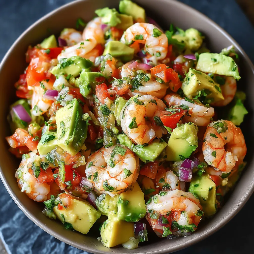 A bowl of shrimp salsa with avocado.