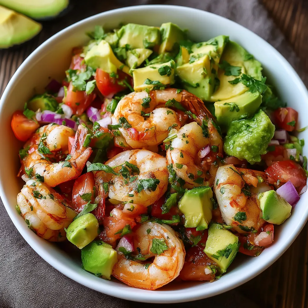 A bowl of shrimp salsa with avocado.