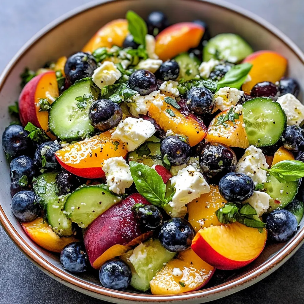 A bowl of fruit salad with blueberries, peaches, and feta cheese.