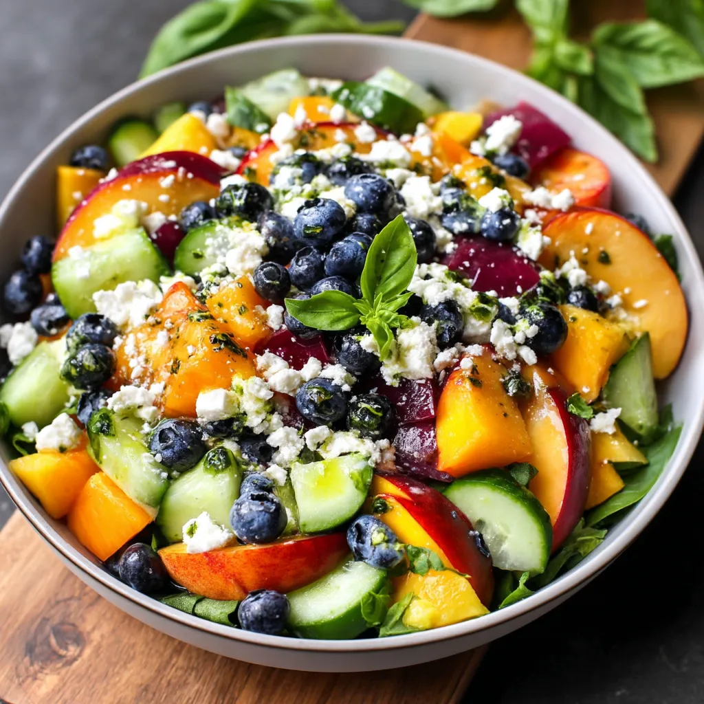 A bowl of fruit salad with blueberries, peaches, and feta cheese.