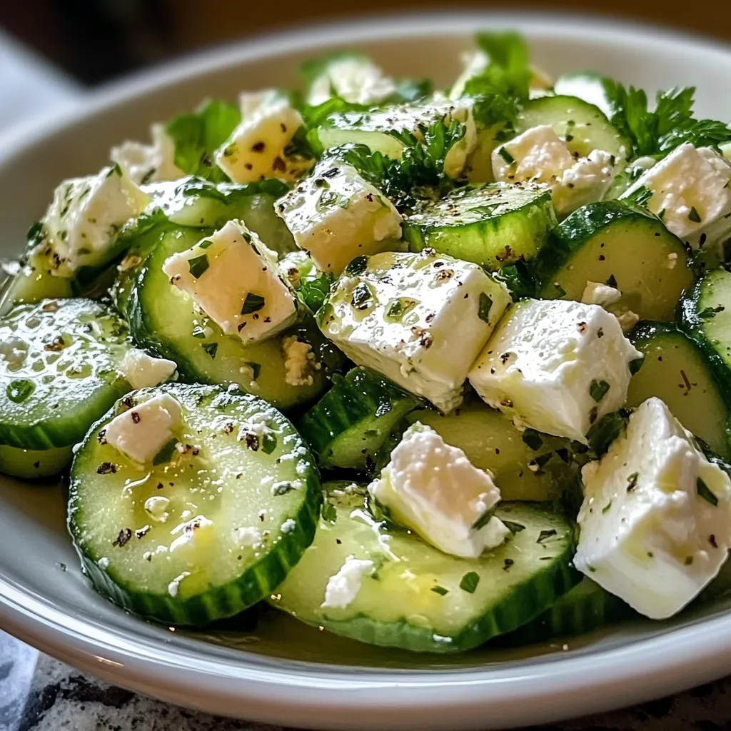 A white bowl filled with cucumber feta salad.
