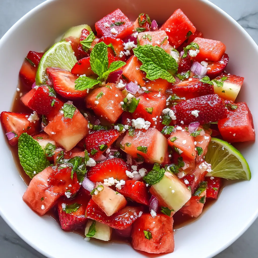 A bowl of watermelon and strawberries with mint and lime.