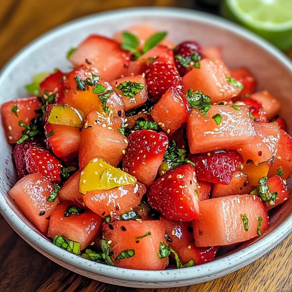 A bowl of watermelon and strawberries with a honey-lime dressing.