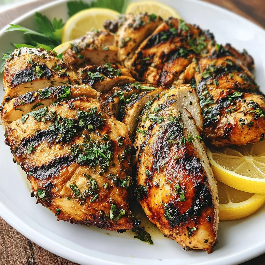 A plate of grilled chicken with lemon wedges on top.