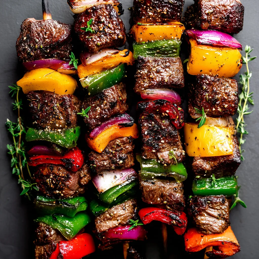 Steak kabobs with peppers and onions.