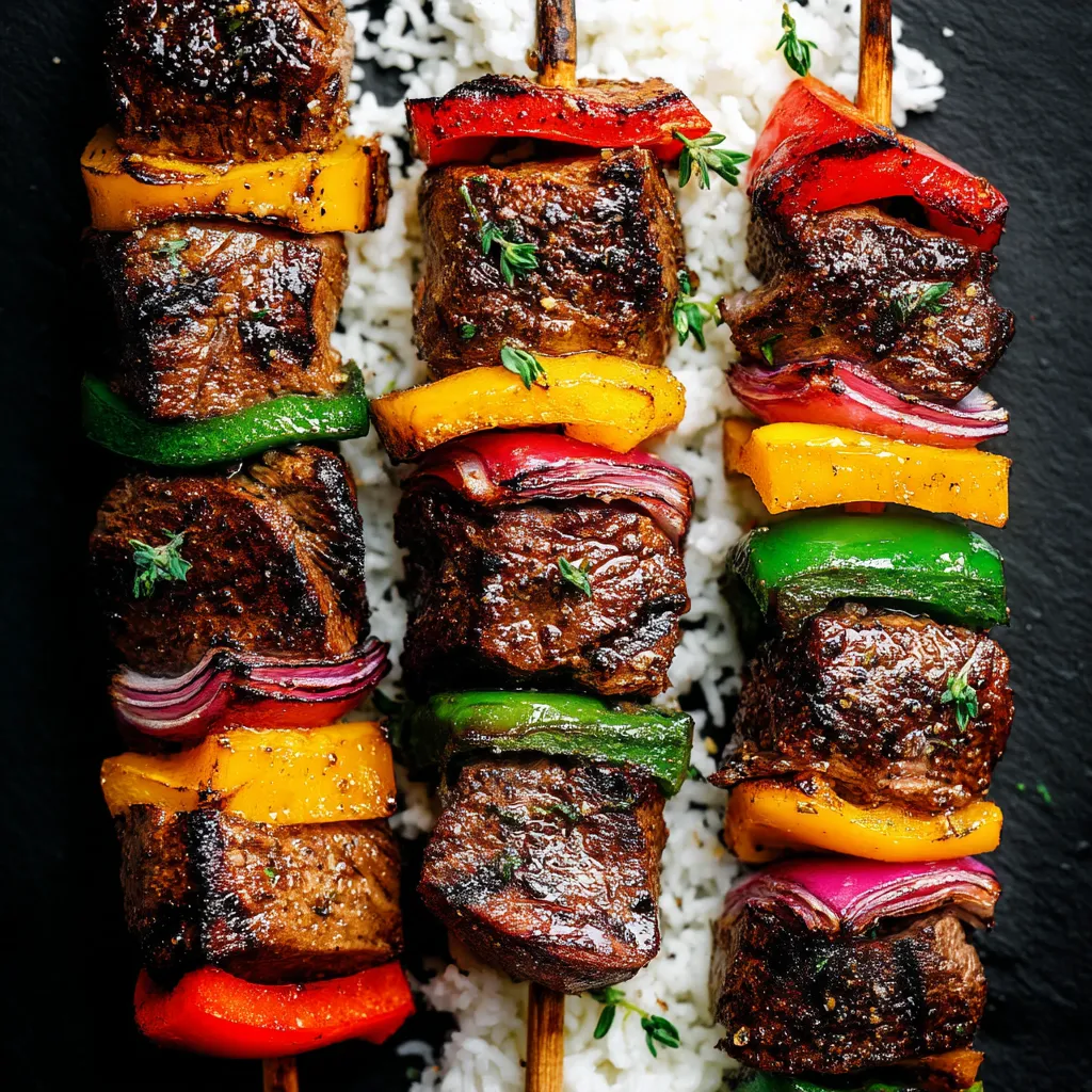 A colorful assortment of steak kabobs.