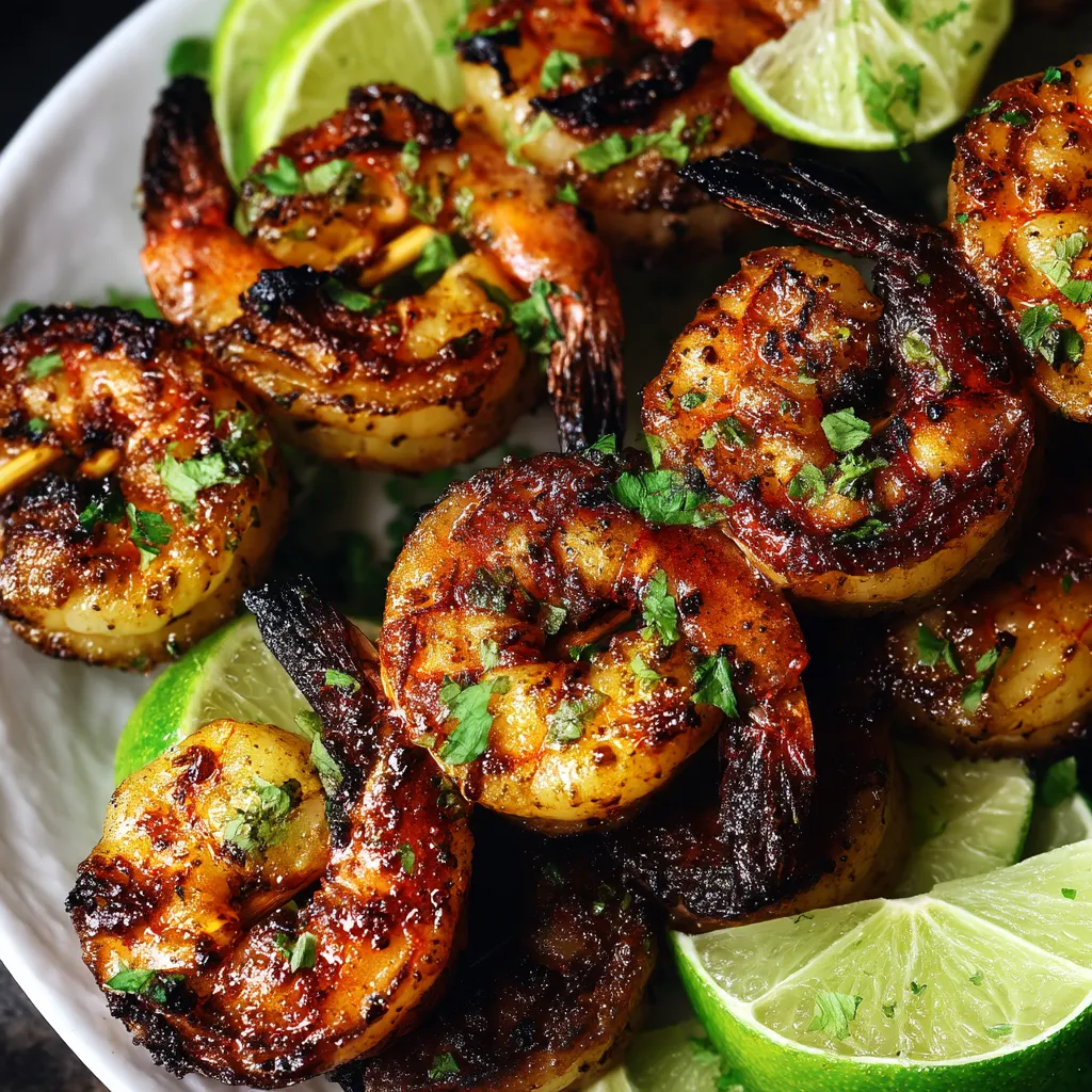 Grilled shrimp kabobs with lime wedges.