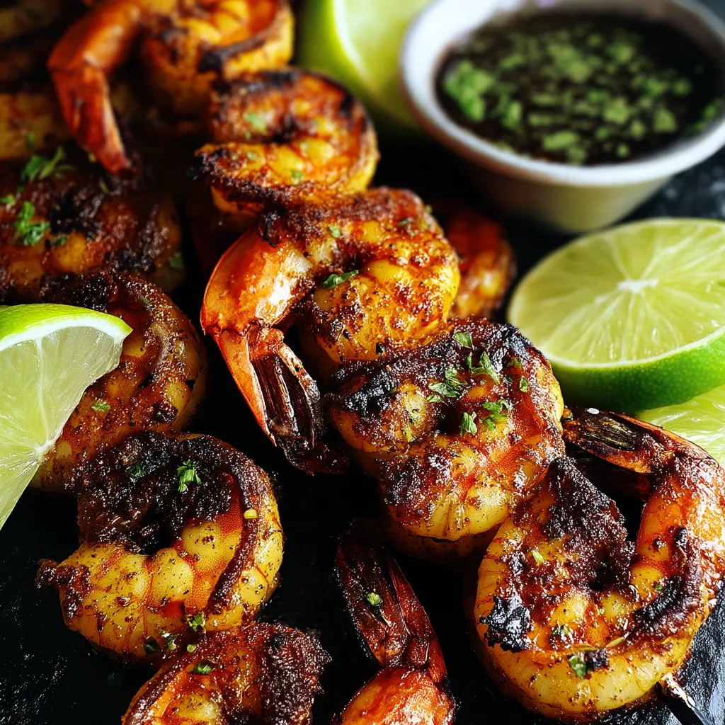 Grilled shrimp kabobs with lime wedges.