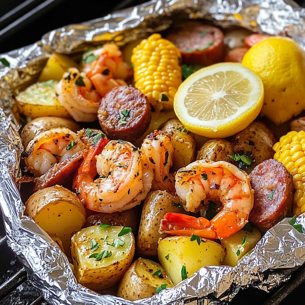A grilled shrimp boil in foil packets.