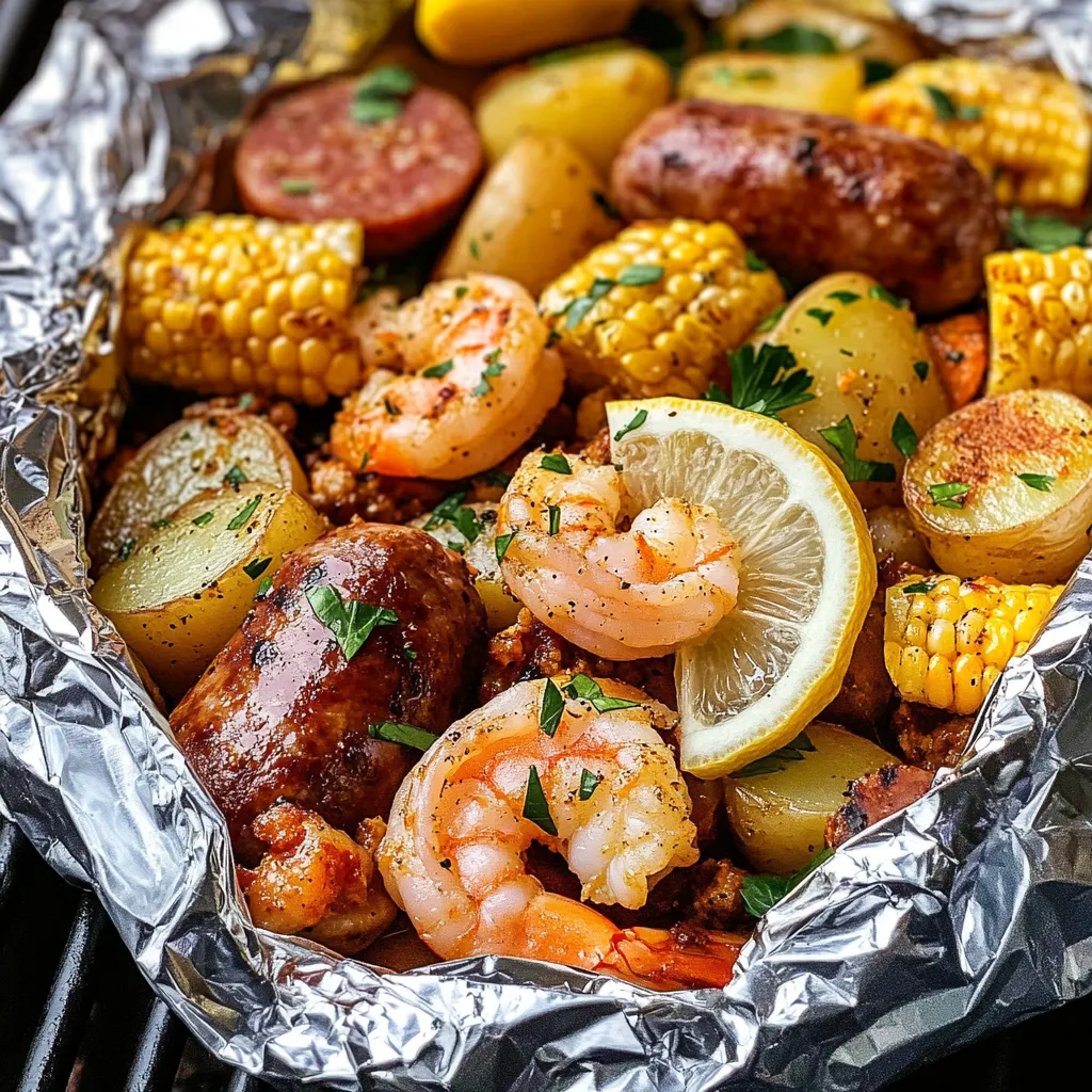 A grilled shrimp boil in foil packets.
