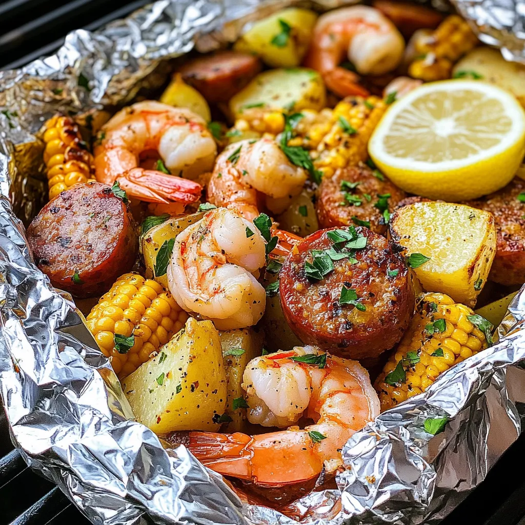 A grilled shrimp boil in foil packets.