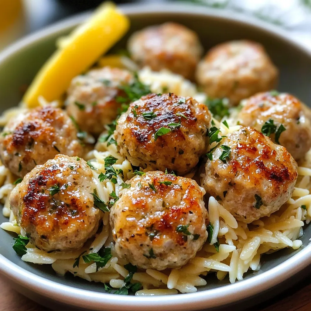 A bowl of Greek chicken meatballs with lemon orzo.