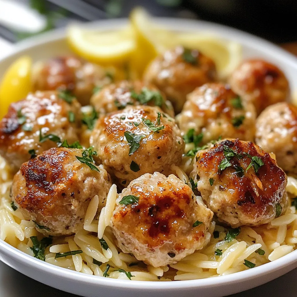 A bowl of Greek chicken meatballs with lemon orzo.