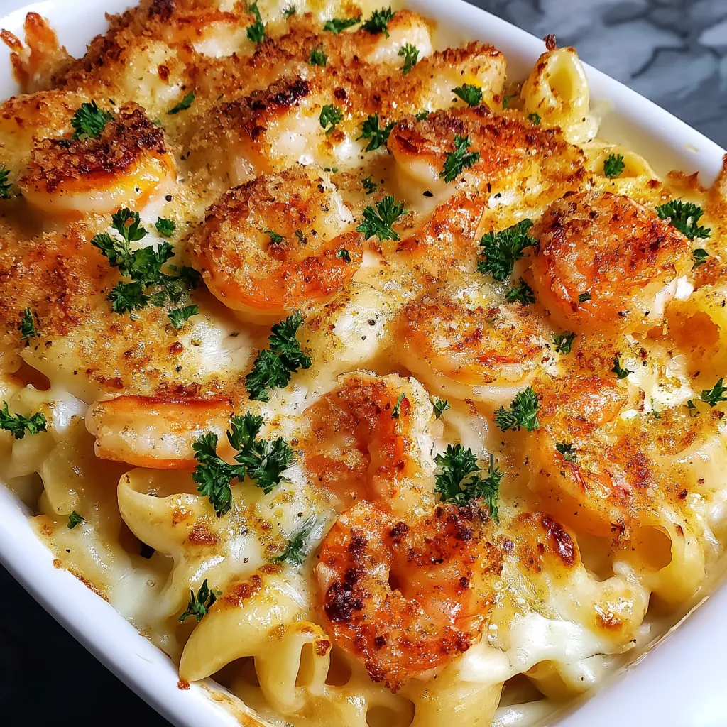 A dish of shrimp scampi pasta bake.
