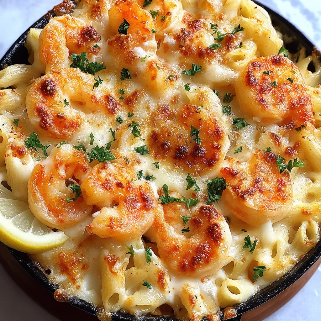 A dish of shrimp scampi pasta bake.