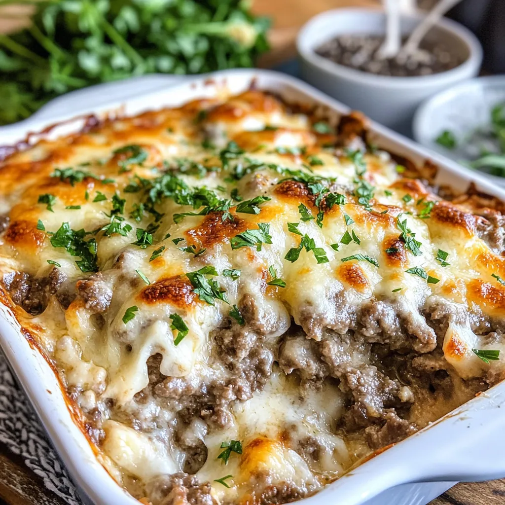 A casserole dish filled with cheesesteak.