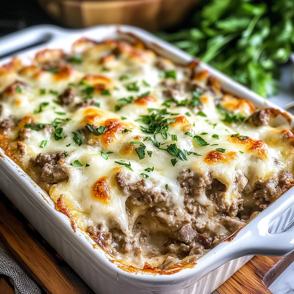 A casserole dish filled with meat and cheese.
