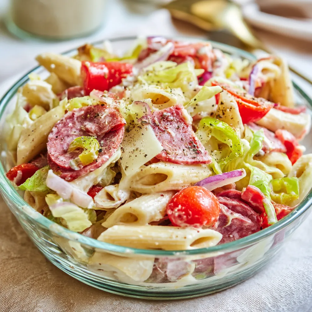 A bowl of Italian grinder pasta salad.