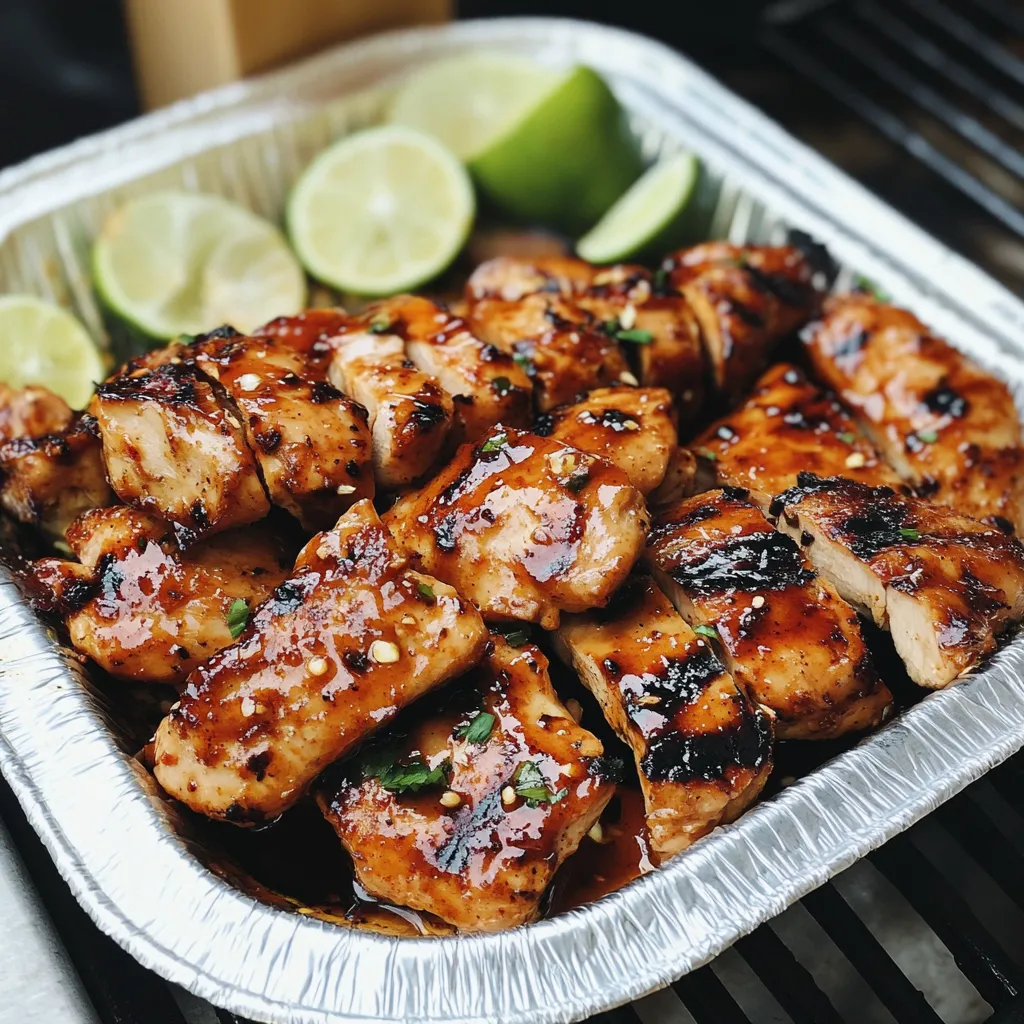 A tray of chicken with a sweet chili sauce.