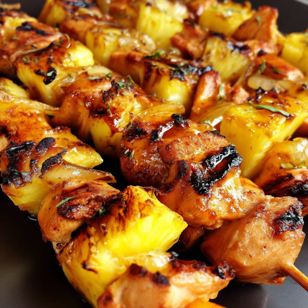 Pineapple chicken kebabs on a plate.