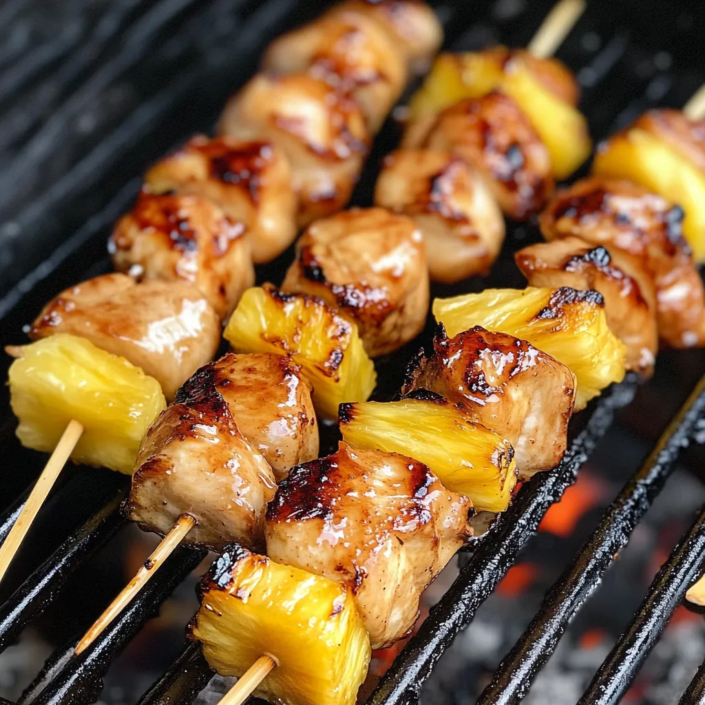 Pineapple chicken kebabs on a grill.