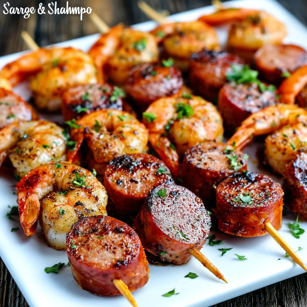 Sausage and shrimp kabobs on a white plate.
