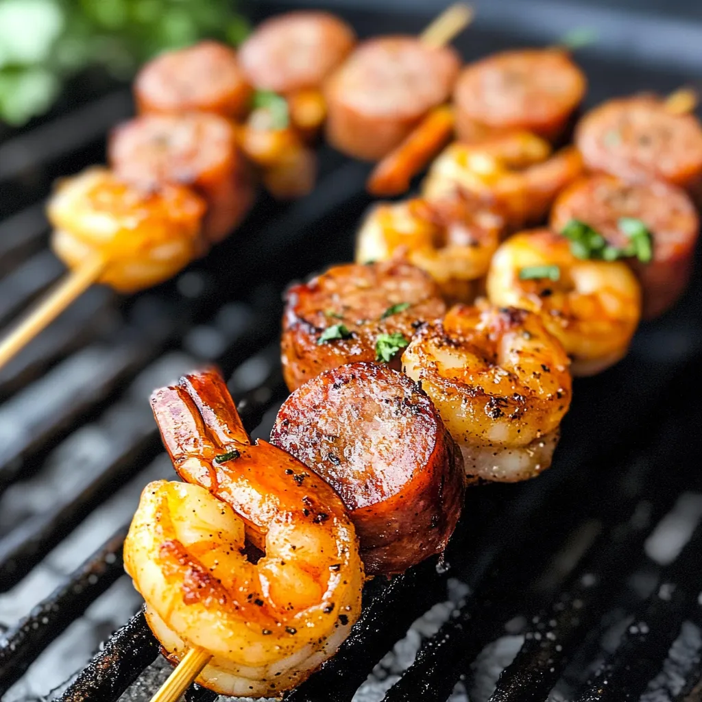 Sausage and shrimp kabobs on a grill.