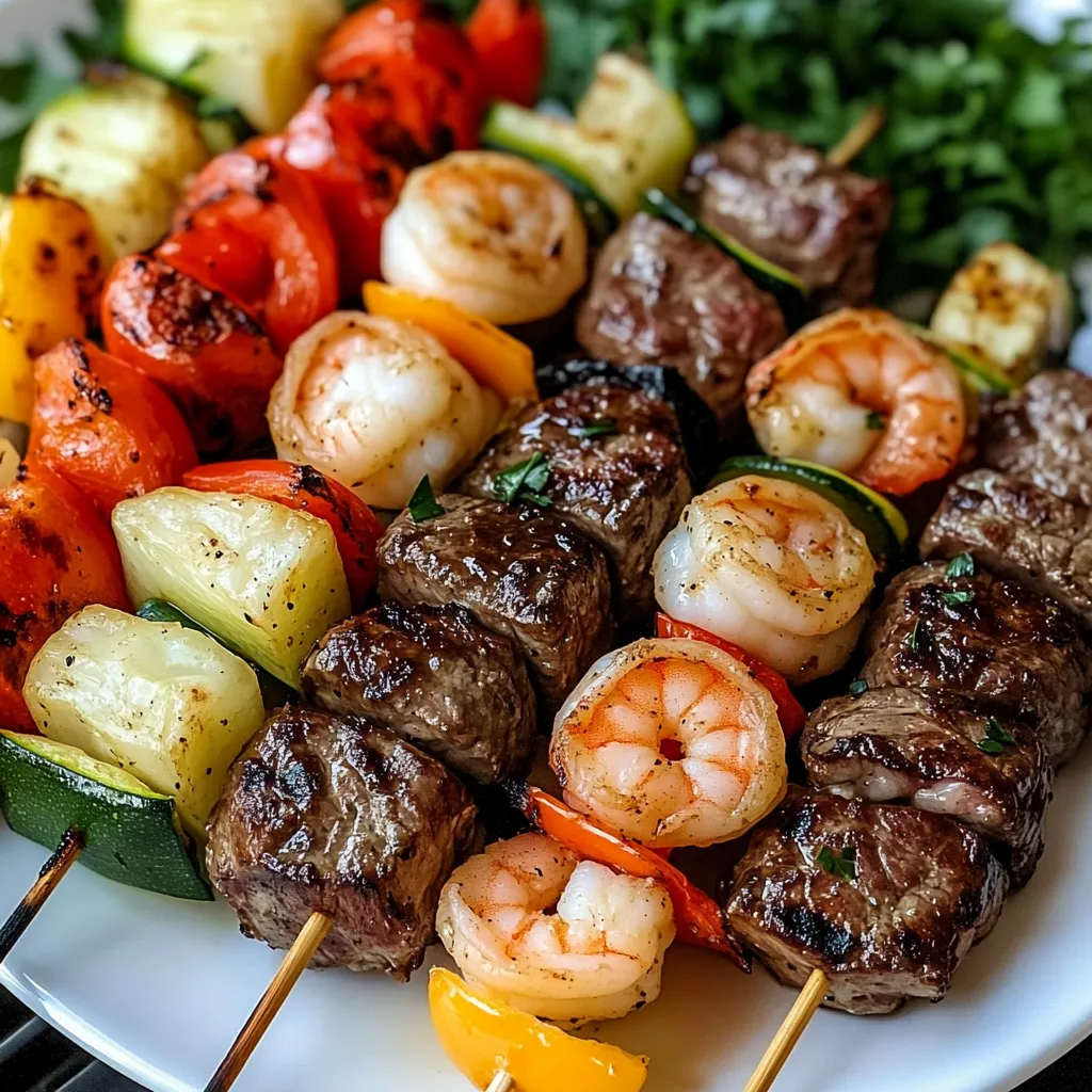 Grilled steak and shrimp kabobs with vegetables.