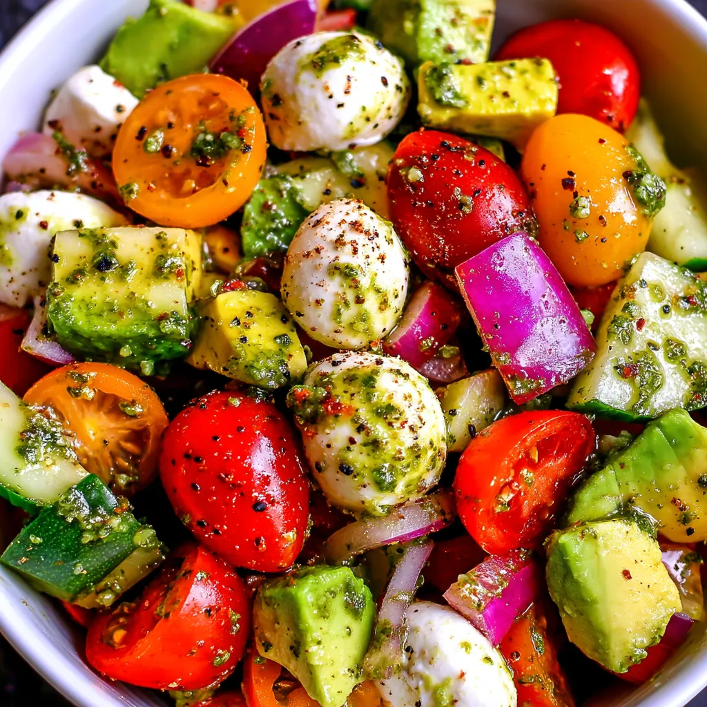 A bowl of salad with tomatoes, cucumbers, avocado, mozzarella, and basil pesto.