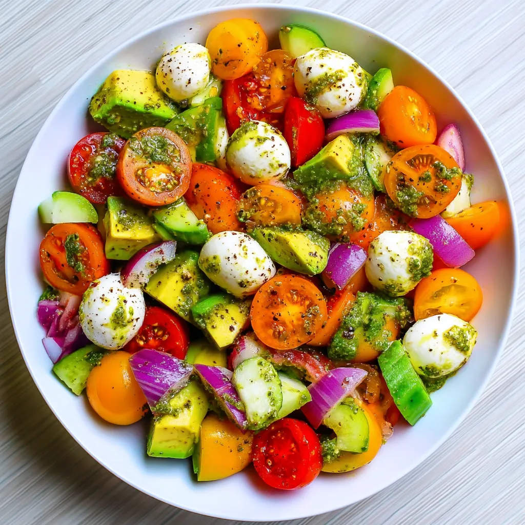 A white bowl filled with a salad of tomatoes, cucumbers, avocado, and mozzarella cheese.