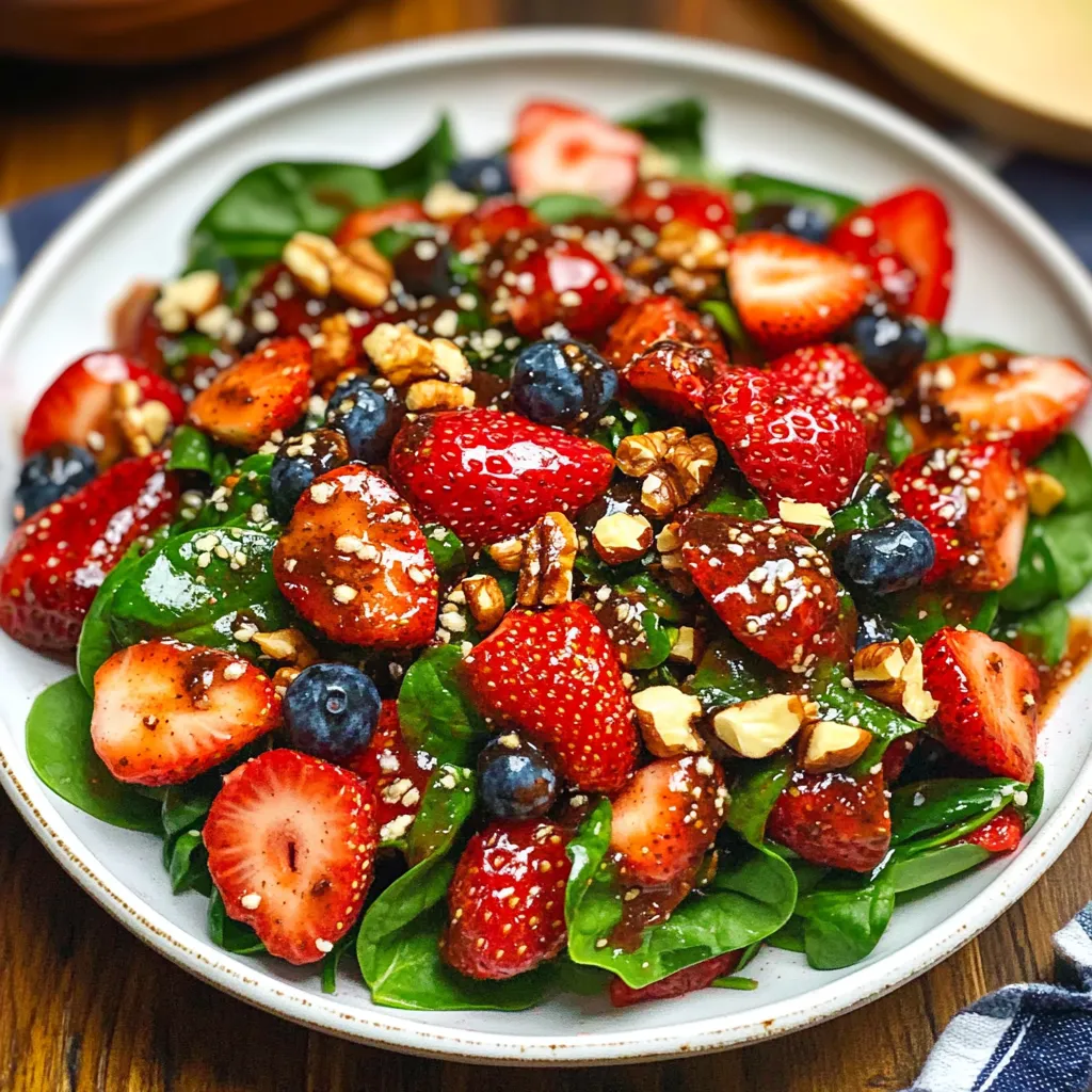 A plate of a 15-minute strawberry spinach salad.