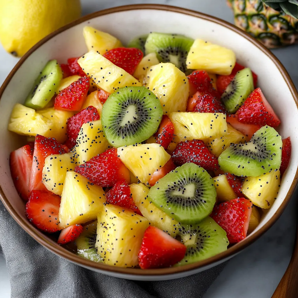 A bowl of fruit salad with strawberries, kiwi, and pineapple.