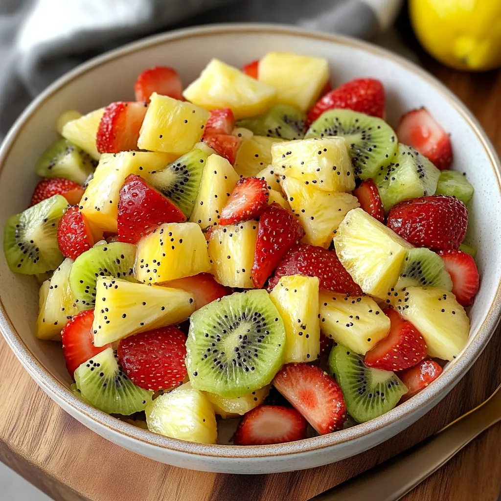 A bowl of fruit salad with strawberries, kiwi, pineapple, and lemon.