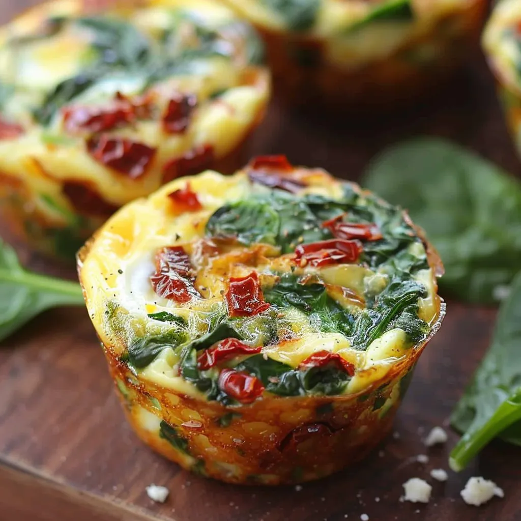 A close up of a spinach, feta and sun-dried tomato egg muffin cup.