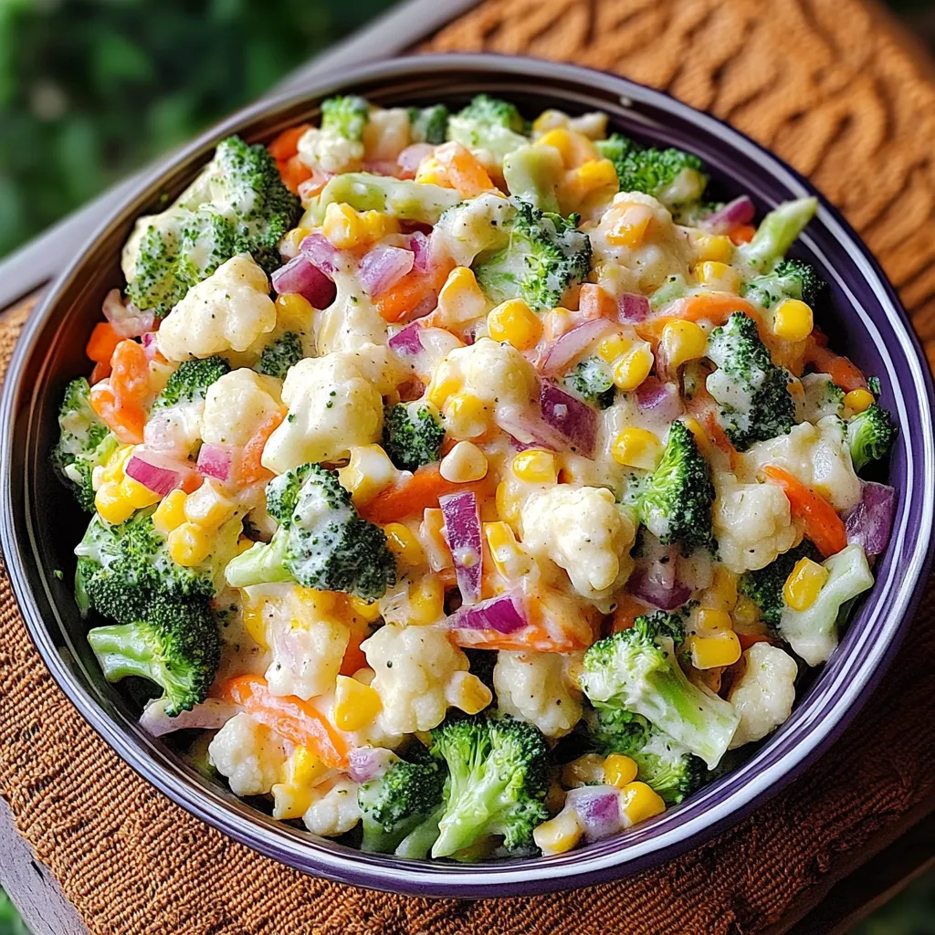 A bowl of creamy broccoli, cauliflower, corn, and bacon salad.