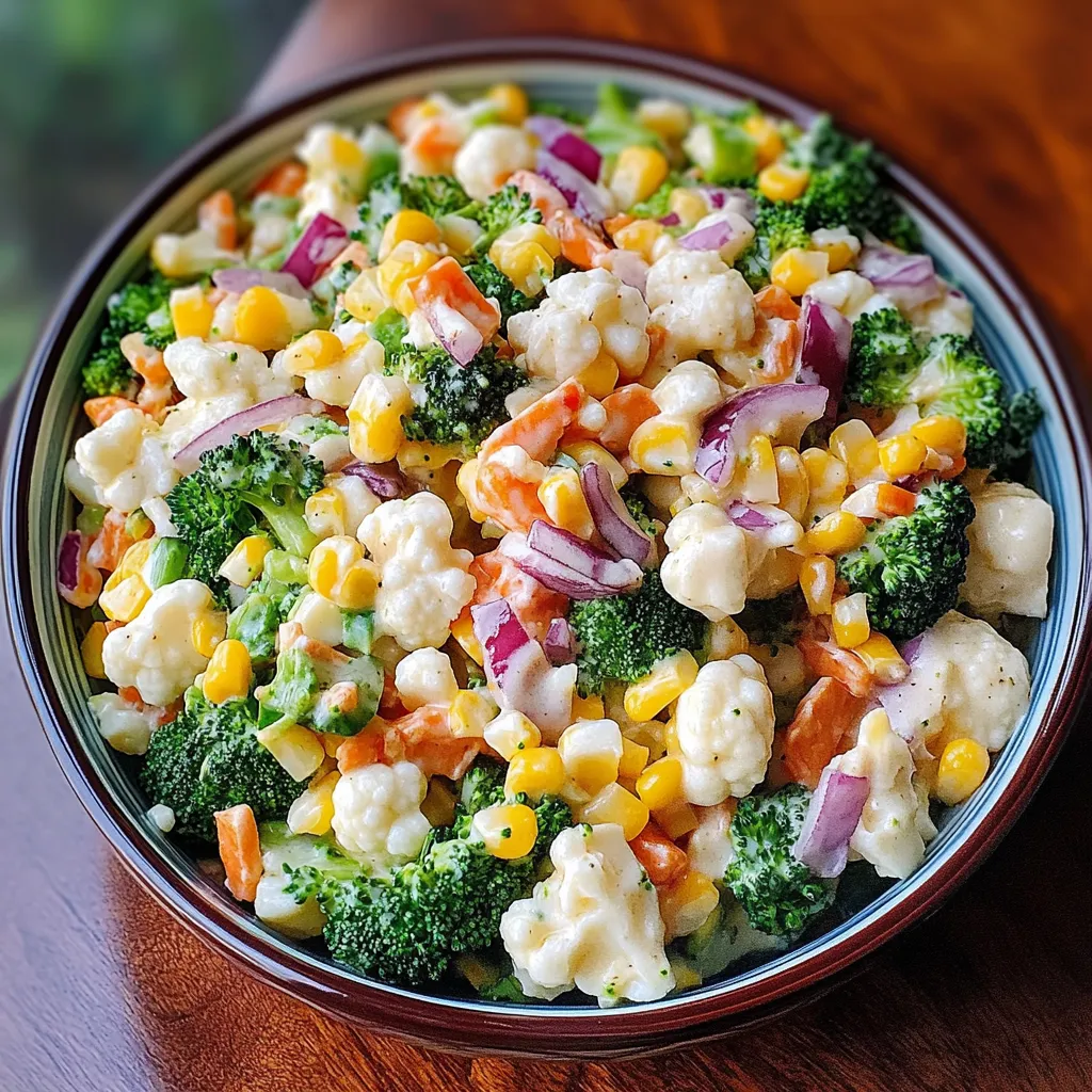 A bowl of creamy broccoli, cauliflower, corn, and bacon salad.