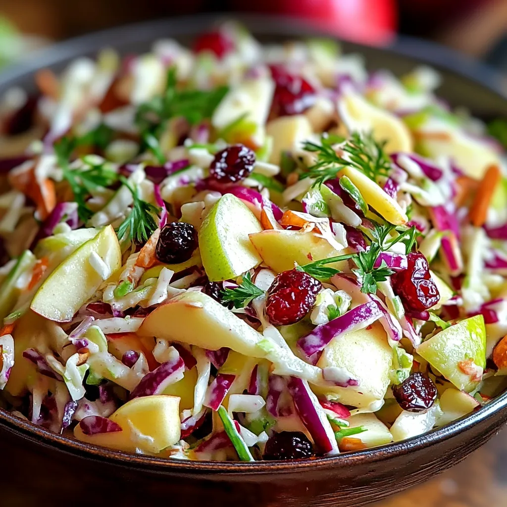 A bowl of coleslaw with apples and cranberries.