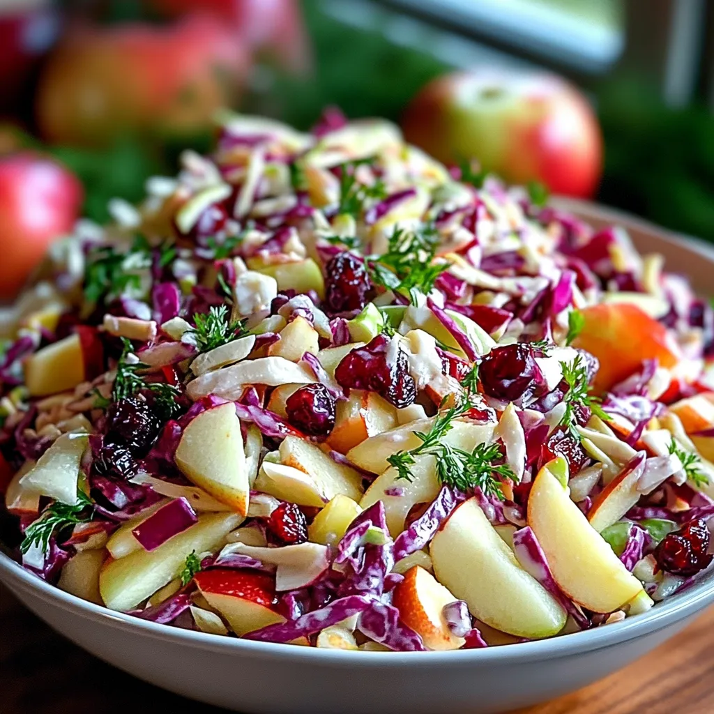 A bowl of coleslaw with apples and cranberries.