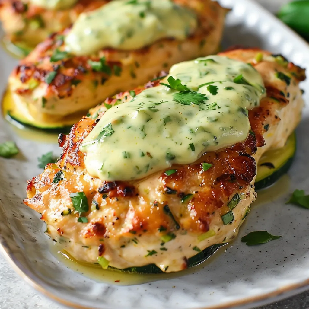 Chicken zucchini poppers with a sauce on top.